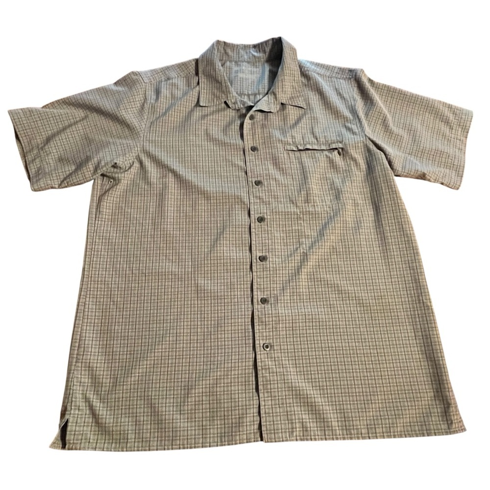 Eddie Bauer sport shirt button up plaid short sleeve olive green Men’s XL Tall